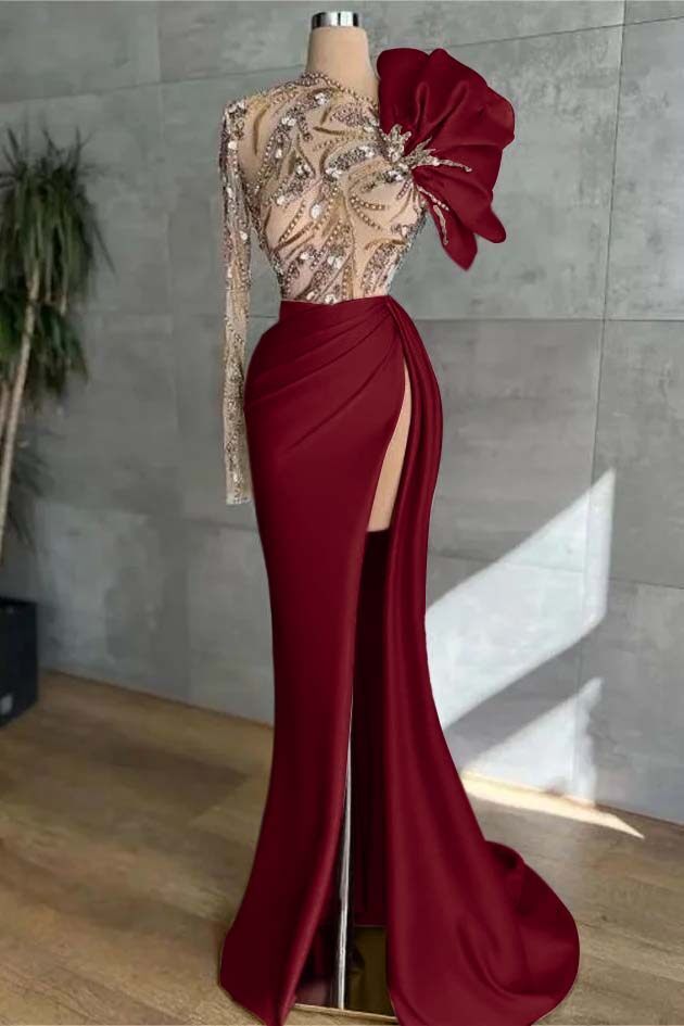Long Sleeves Long Mermaid Prom Dress With High Split Appliques