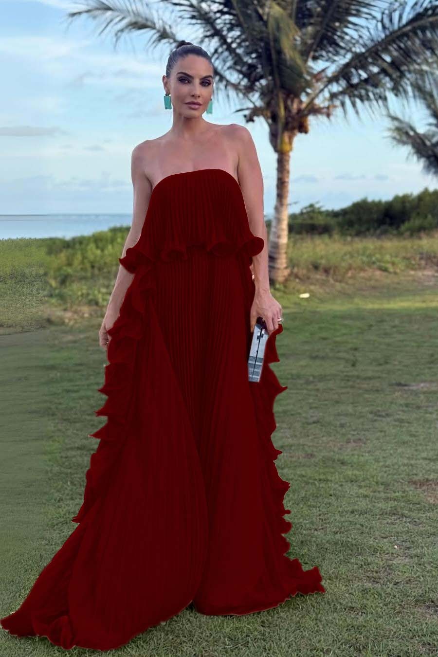 Charming Strapless Sleeveless Long Prom Dress With Pleated Ruffle