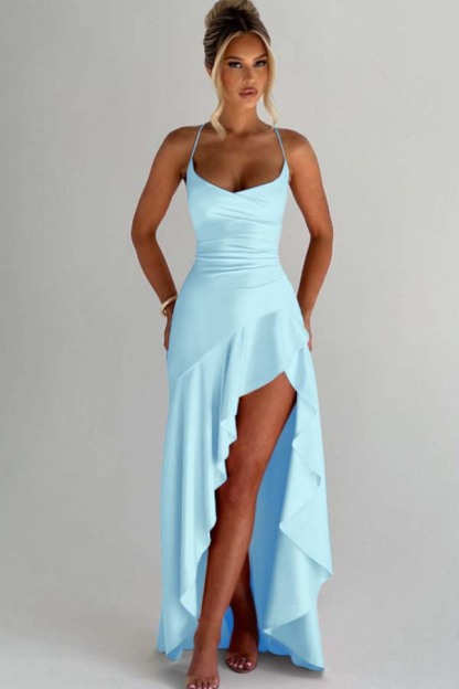 Spaghetti Strap Sleeveless Long Split Prom Dress With Pleated