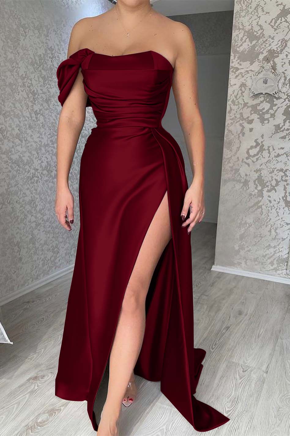 One Shoulder Sleeveless Mermaid Strapless Long Prom Dress With Side Split
