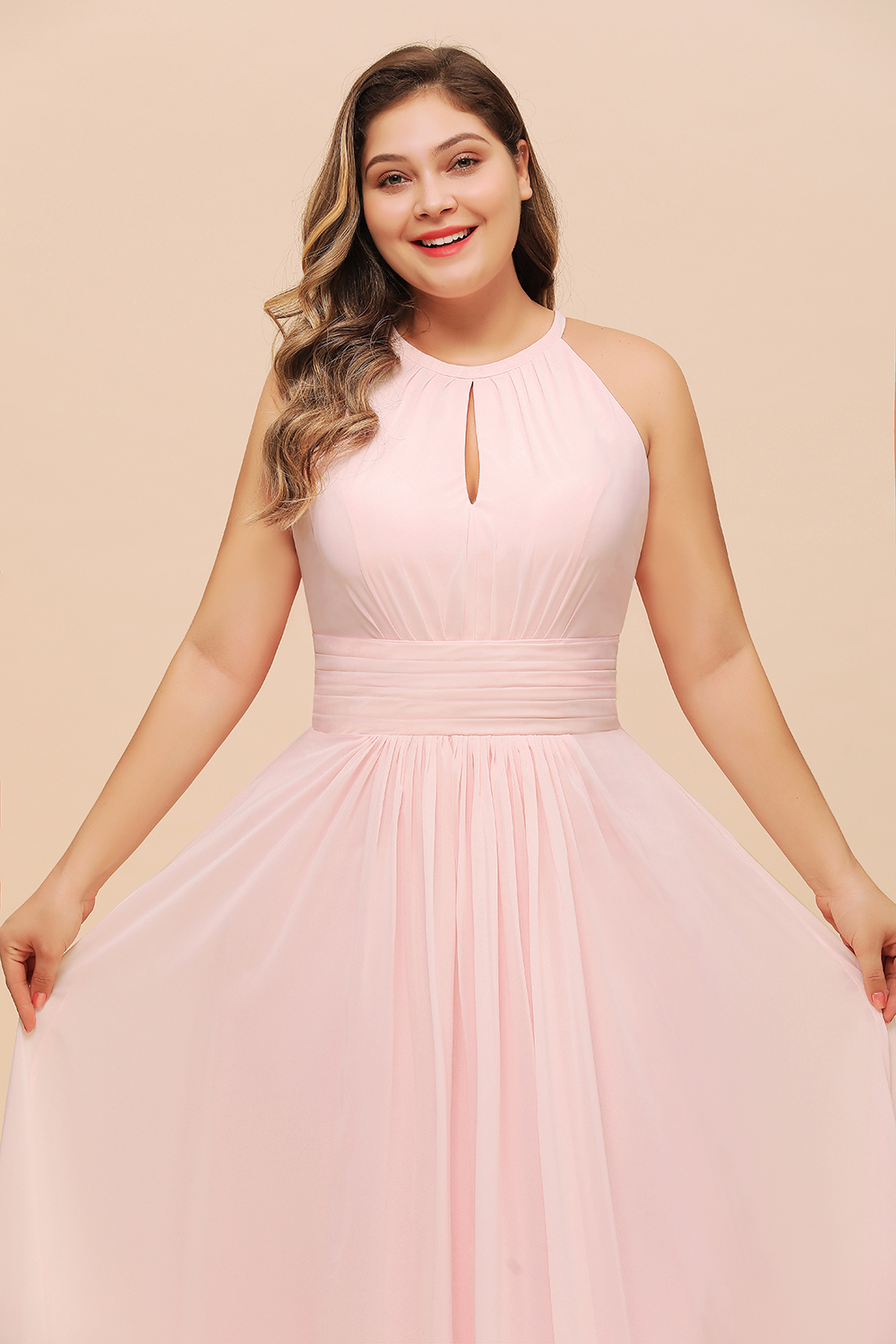 BMbridal Affordable Plus Size Chiffon Round Neck Pink Bridesmaid Dress-BMbridal