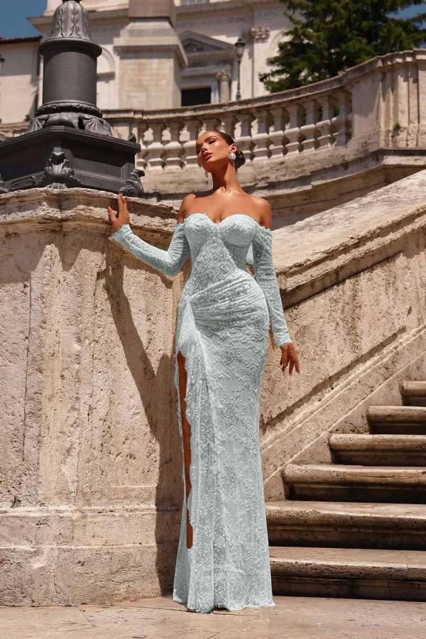 Off the Shoulder Long Sleeves Long Mermaid Prom Dress With Lace Appliques