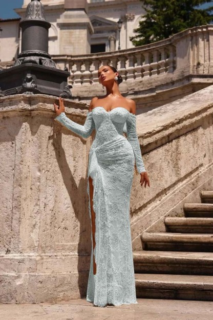 Off the Shoulder Long Sleeves Long Mermaid Prom Dress With Lace Appliques