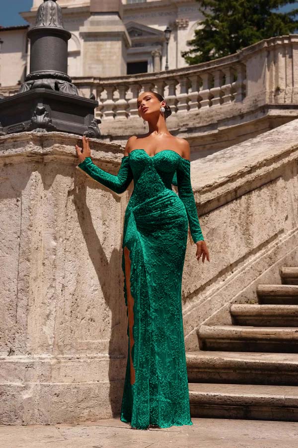 Off the Shoulder Long Sleeves Long Mermaid Prom Dress With Lace Appliques