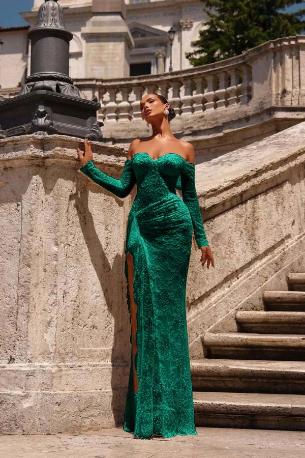 Off the Shoulder Long Sleeves Long Mermaid Prom Dress With Lace Appliques