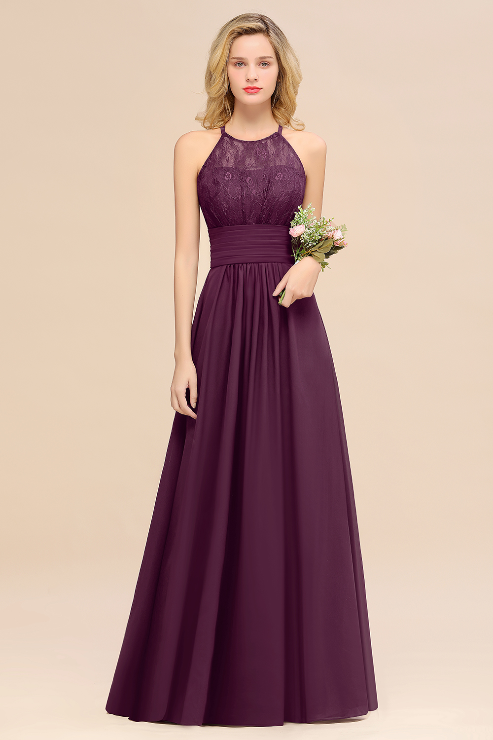 BMbridal Elegant Halter Ruffles Sleeveless Grape Lace Bridesmaid Dresses Affordable-BMbridal