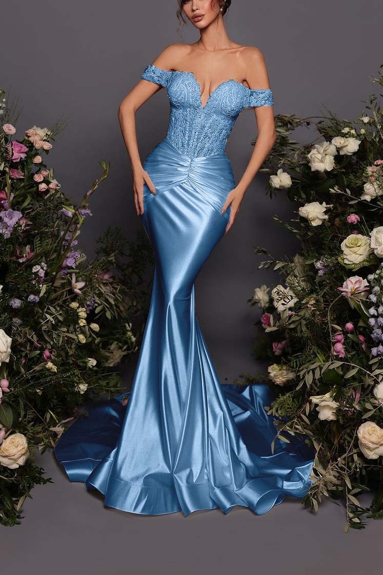 Off The Shoulder Sleeveless Long Mermaid Prom Dress With Pleated