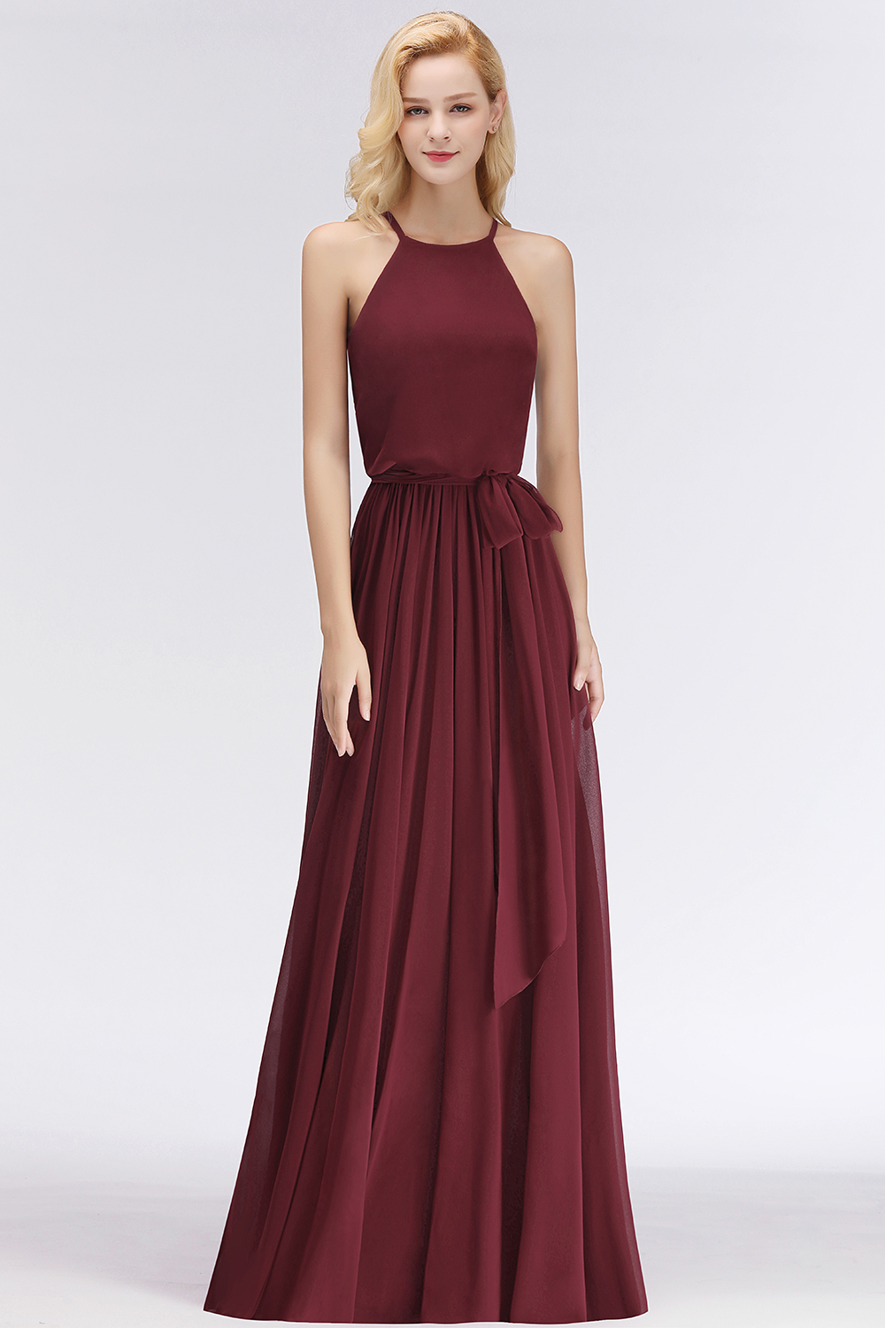 BMbridal Affordable Halter Bow Long Bridesmaid Dress Modest Burgundy Chiffon Wedding Party Dress-BMbridal