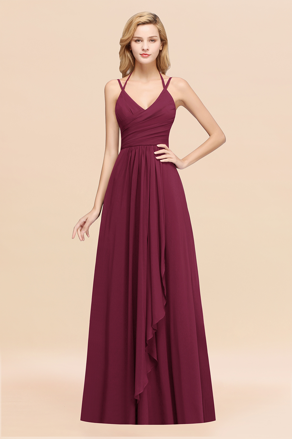 BMbridal Affordable Chiffon Burgundy Bridesmaid Dress With Spaghetti Straps-BMbridal