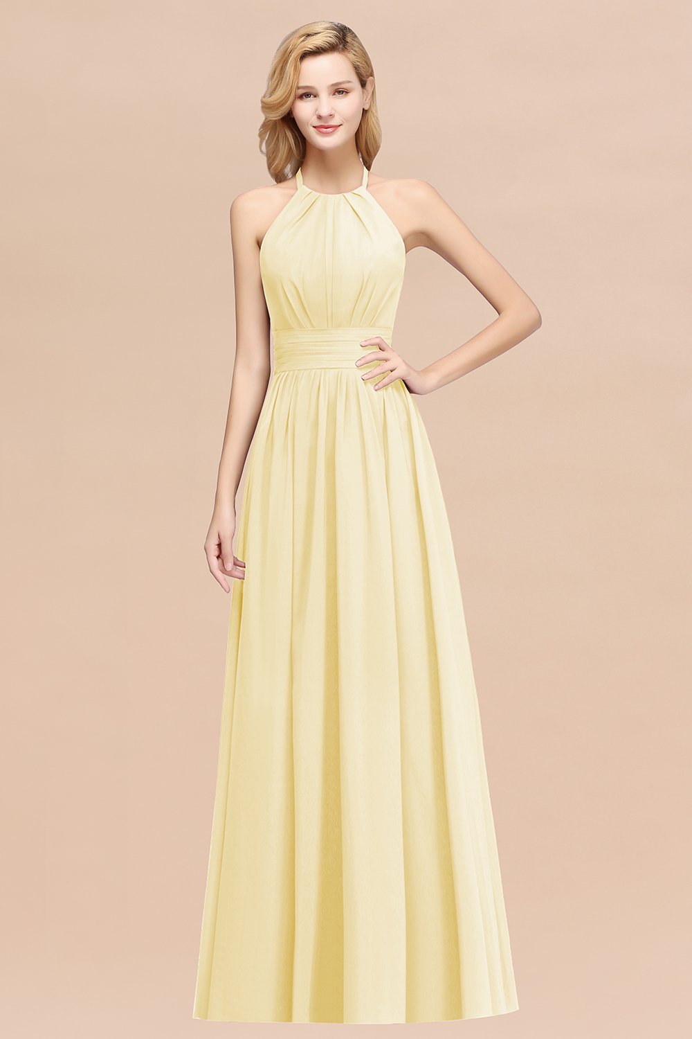 BMbridal Elegant High-Neck Halter Long Affordable Bridesmaid Dresses with Ruffles-BMbridal