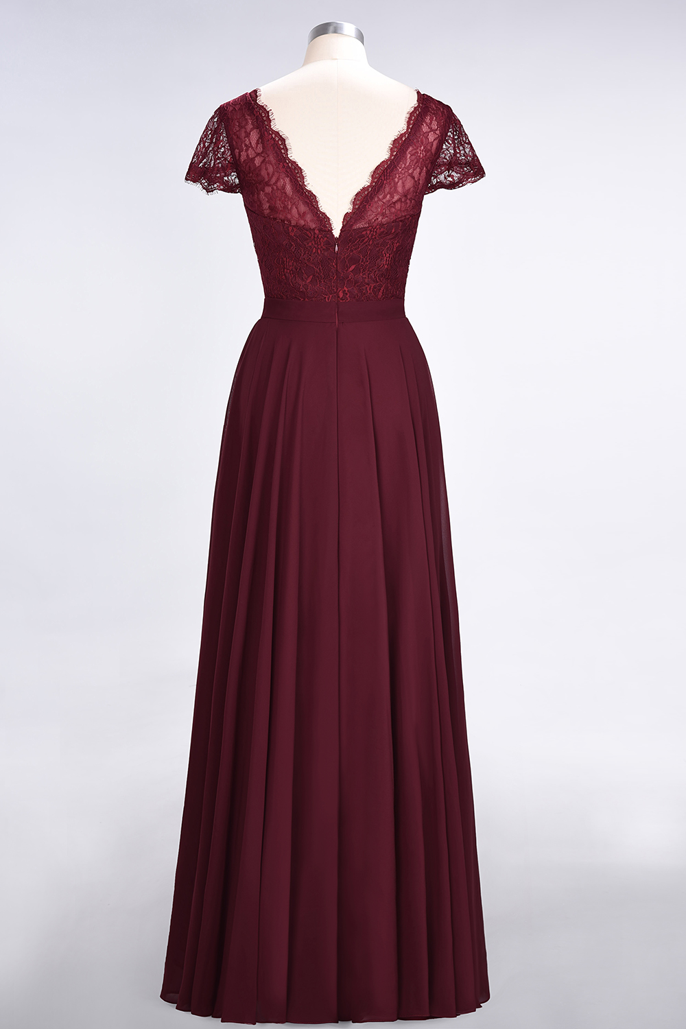 BMbridal Elegant Lace V-Neck Burgundy Bridesmaid Dress with Cap Sleeves-BMbridal