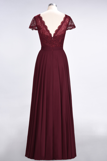 BMbridal Elegant Lace V-Neck Burgundy Bridesmaid Dress with Cap Sleeves-BMbridal