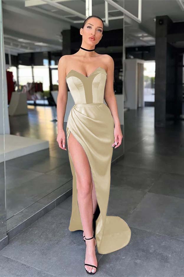 Strapless Sleeveless Long Mermaid Prom Dress With Split Pleated