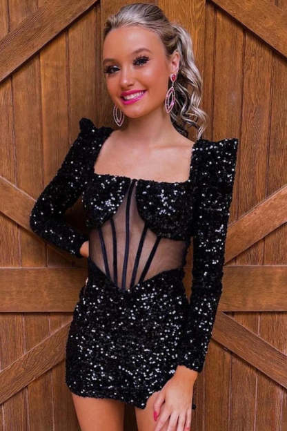 Sparkly Black Corset Long Sleeves Sequins Tight Short Homecoming