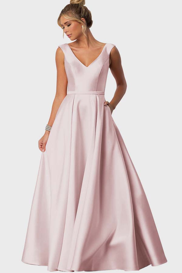Straps V Neck Sleeveless Long Prom Dress With Pockets Pleated