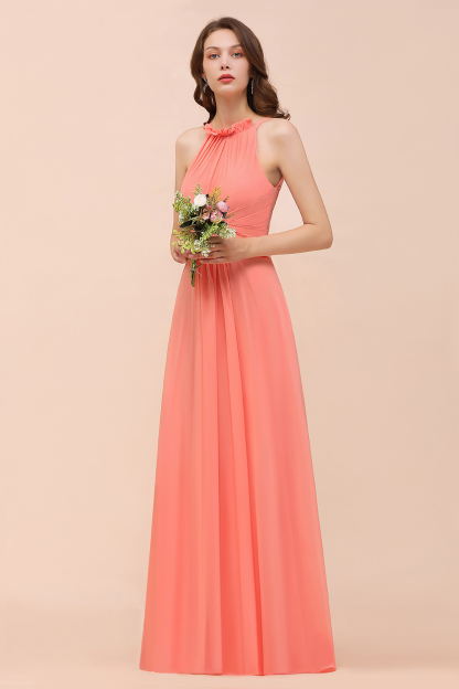 BMbridal Modest Halter Ruffle Coral Chiffon Affordable Bridesmaid Dress Online-BMbridal