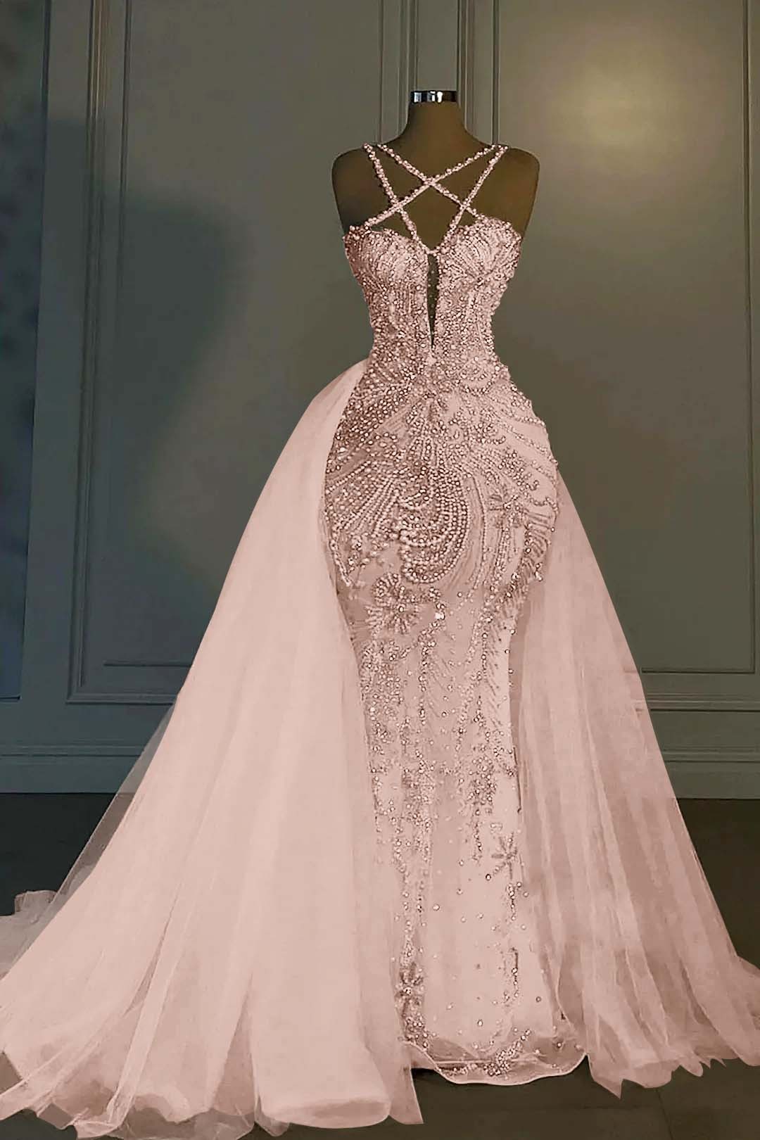 Halter Sleeveless Mermaid Long Prom Dress With Beading Tulle