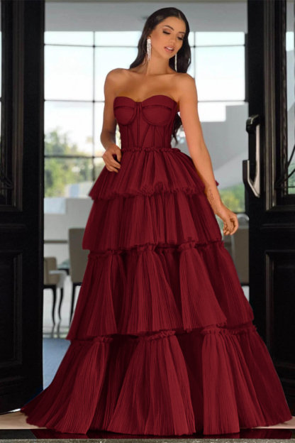 Elegant Sweetheart Strapless Prom Dress Long Sleeveless Layers Hot Pink
