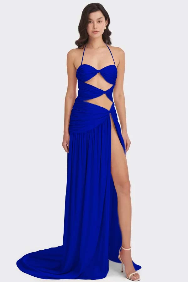 Chic Sleeveless Halter Long High Split Prom Dress With Pleated