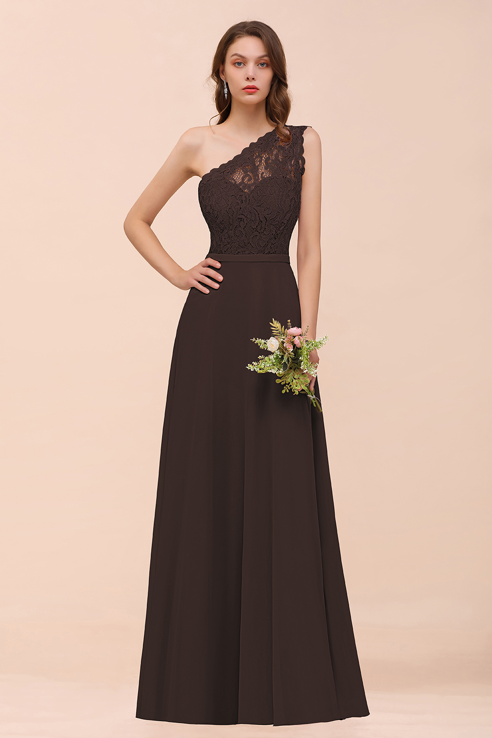 BMbridal New Arrival Dusty Rose One Shoulder Lace Long Bridesmaid Dress-BMbridal