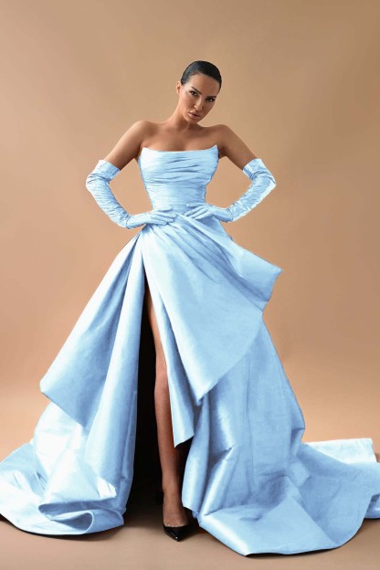 Strapless Sleeveless Long Split Prom Dress With Gloves Pleated