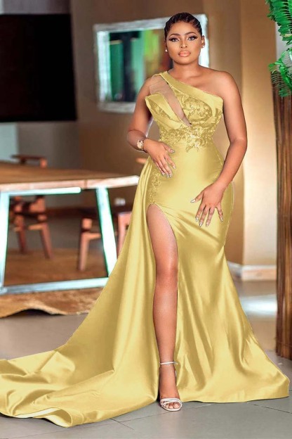 Dark Green One Shoulder Sleeveless Mermaid Split Prom Dress With Sequins