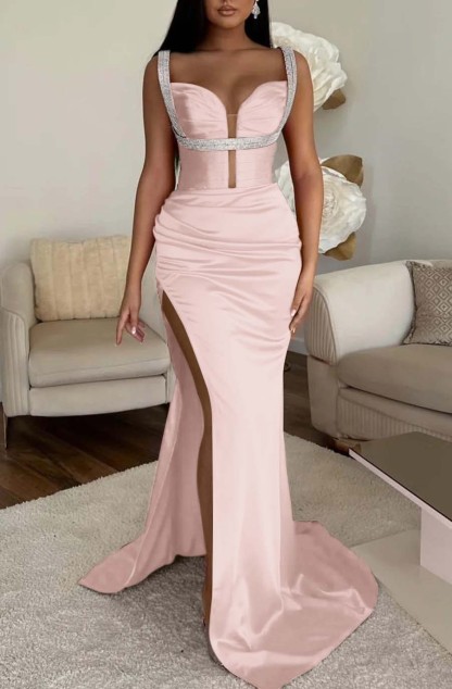 Mermaid Prom Dress Spaghetti Strap Fuchsia With High Split Sleeveless