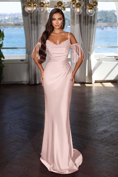 Off the Shoulder Sleeveless Mermaid Long Prom Dress With Tassel