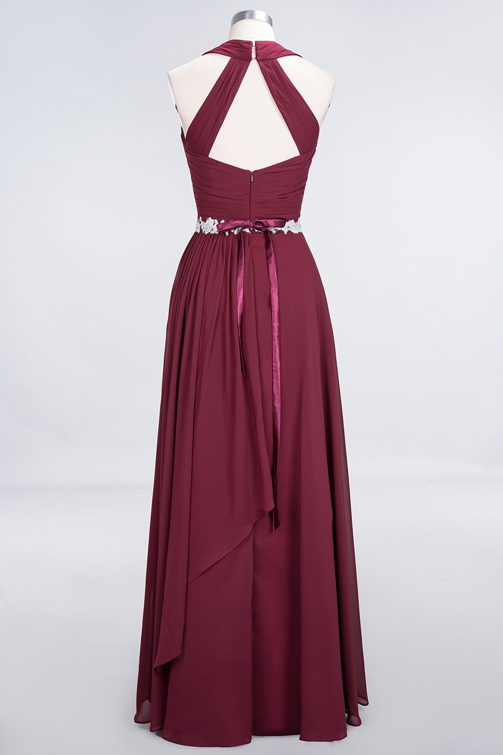 BMbridal Elegant Chiffon Halter V-Neck Ruffle Bridesmaid Dress with Appliques Sashes-BMbridal