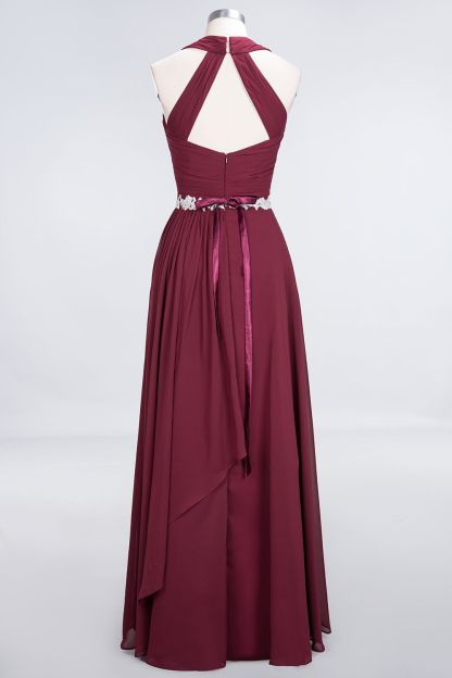 BMbridal Elegant Chiffon Halter V-Neck Ruffle Bridesmaid Dress with Appliques Sashes-BMbridal