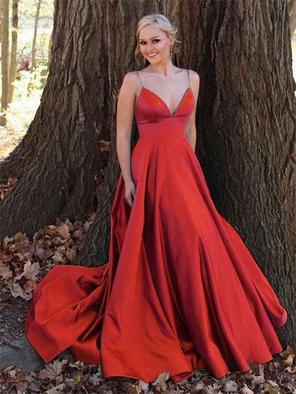 Green A Line V-Neck Spaghetti Straps Satin Long Prom Dress