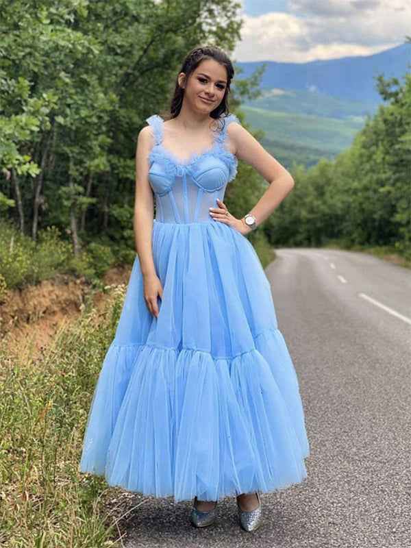 Blue A Line Sweetheart Neck Tulle Tea Length Prom Dress