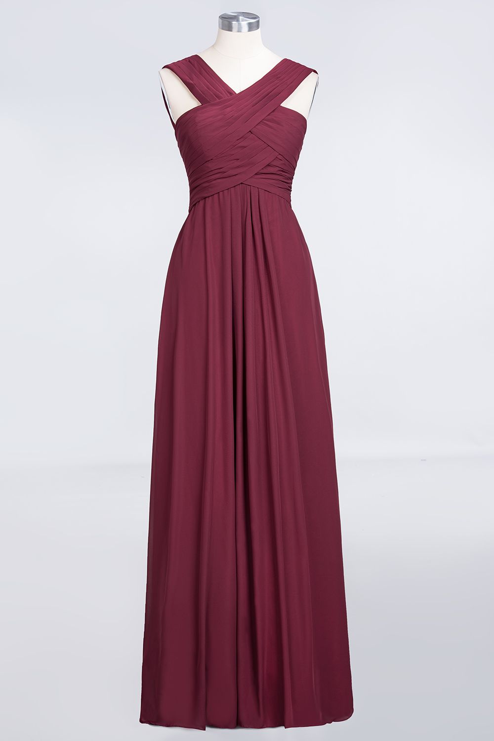 BMbridal Elegant Chiffon V-Neck Straps Crisscross Burgundy Bridesmaid Dress with Ruffle-BMbridal