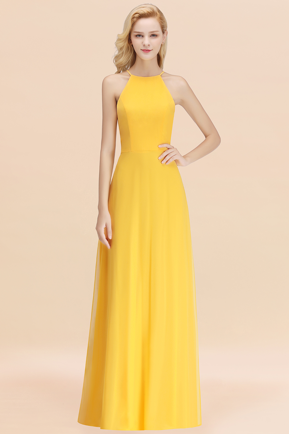 BMbridal Modest High-Neck Yellow Chiffon Affordable Bridesmaid Dresses Online-BMbridal