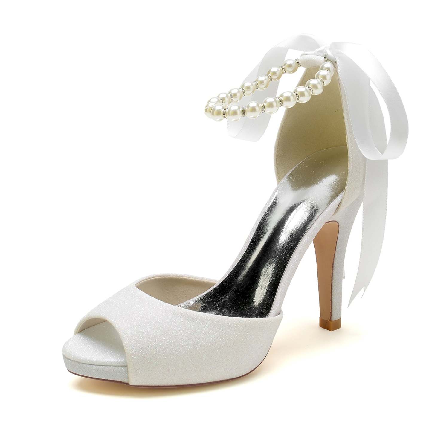 Bridal Shoes for Women with Glitter Bow and Pearl Buckle Peep Toe High Heels