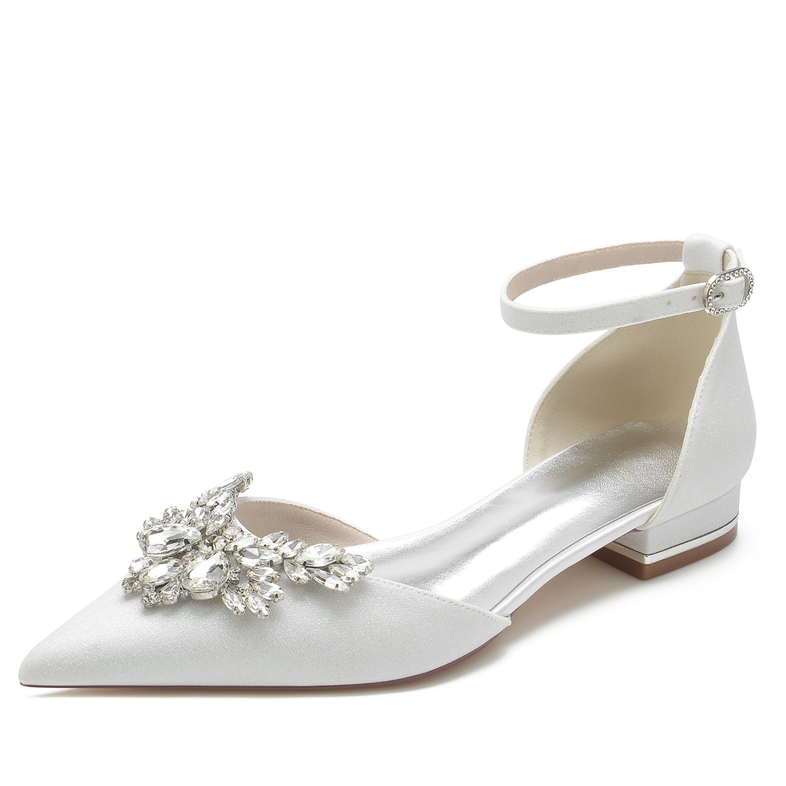 Bridal Shoes for Women with Glitter Rhinestones Low Pointed Toe and Ankle Strap