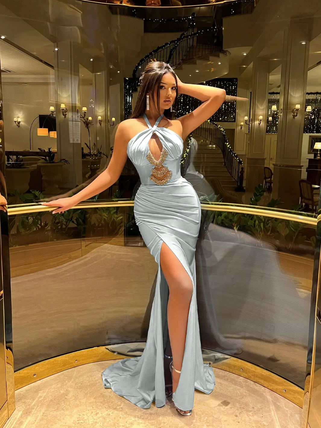 Halter Sleeveless High Split Long Prom Dress With Pleated Beading