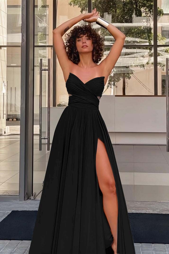 Strapless Sleeveless Long High Split Prom Dress With Pleated