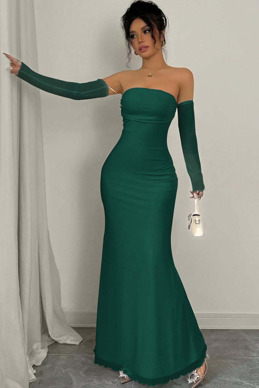Strapless Long Mermaid Prom Dress With Detachable Sleeves Pleated