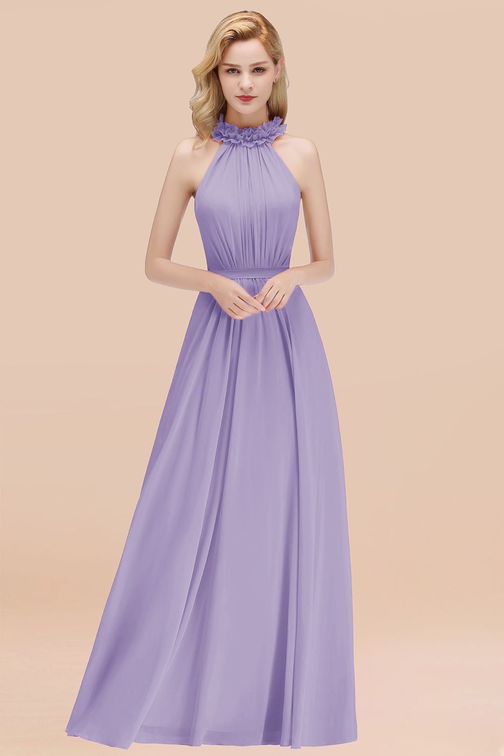 BMbridal Modest High-Neck Halter Ruffle Chiffon Bridesmaid Dresses Affordable-BMbridal