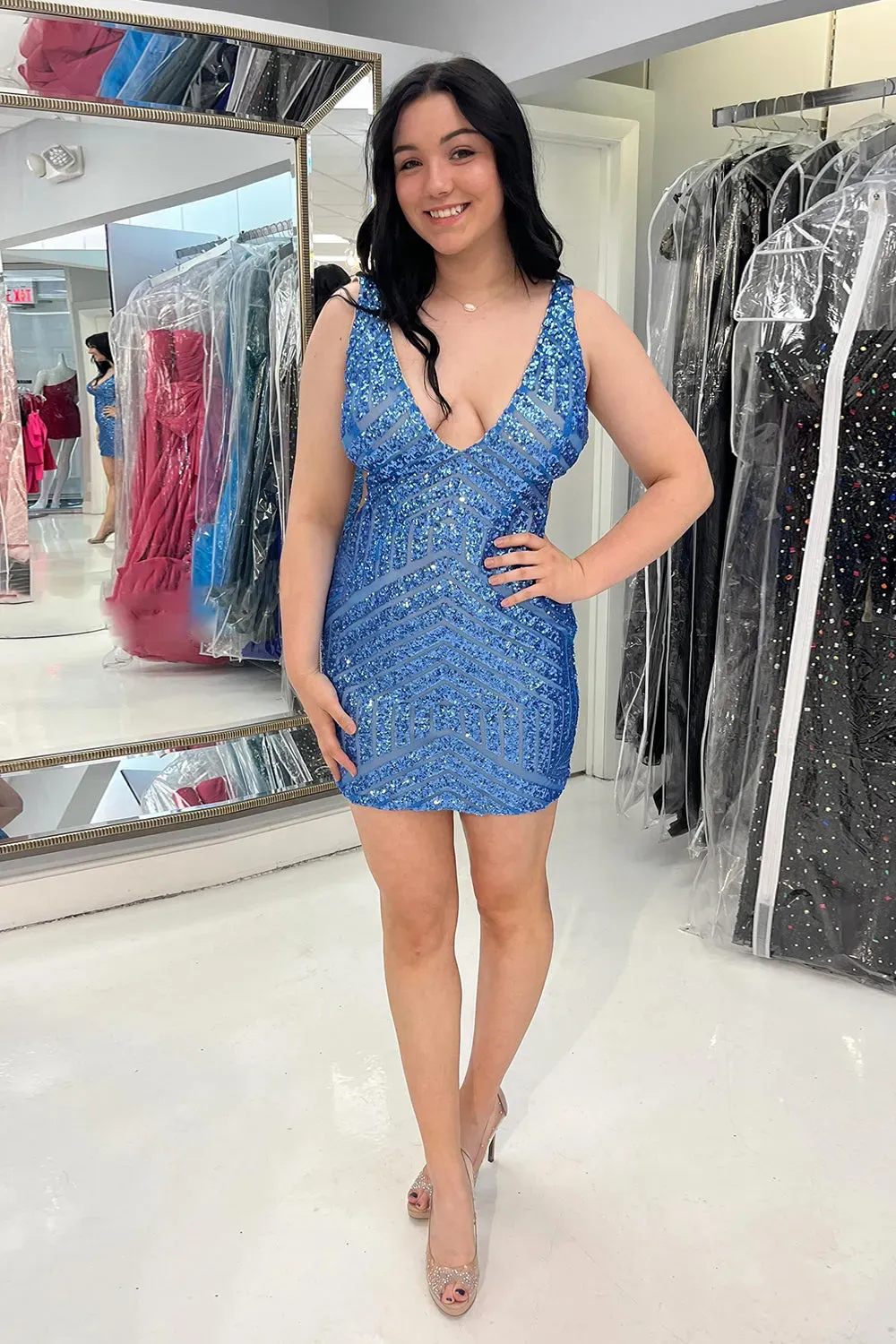 Sparkly Fuchsia Sequins V-Neck Tight Homecoming Dress-BMbridal.UK