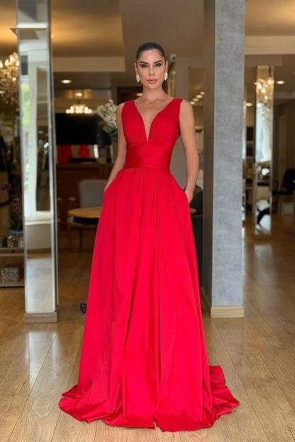 Straps Sleeveless High Waist Long Prom Dress With Pockets Pleated