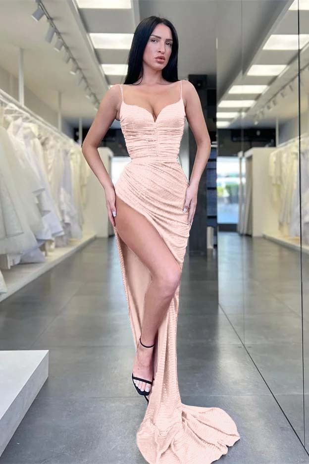 Burgundy Spaghetti Strap Sequins Sleeveless Mermaid Prom Dress With Split