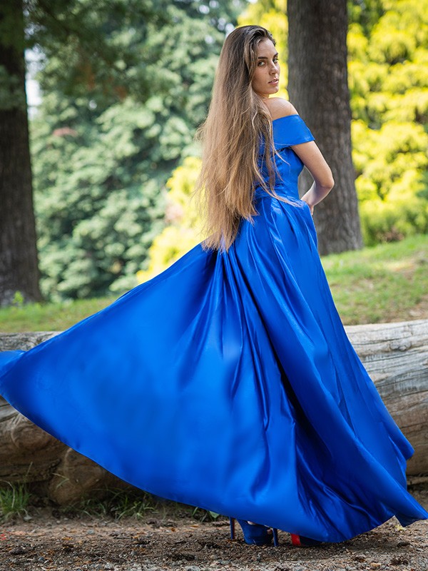 Stunning Royal Blue Off the Shoulder Split Long Elegant Prom Dress