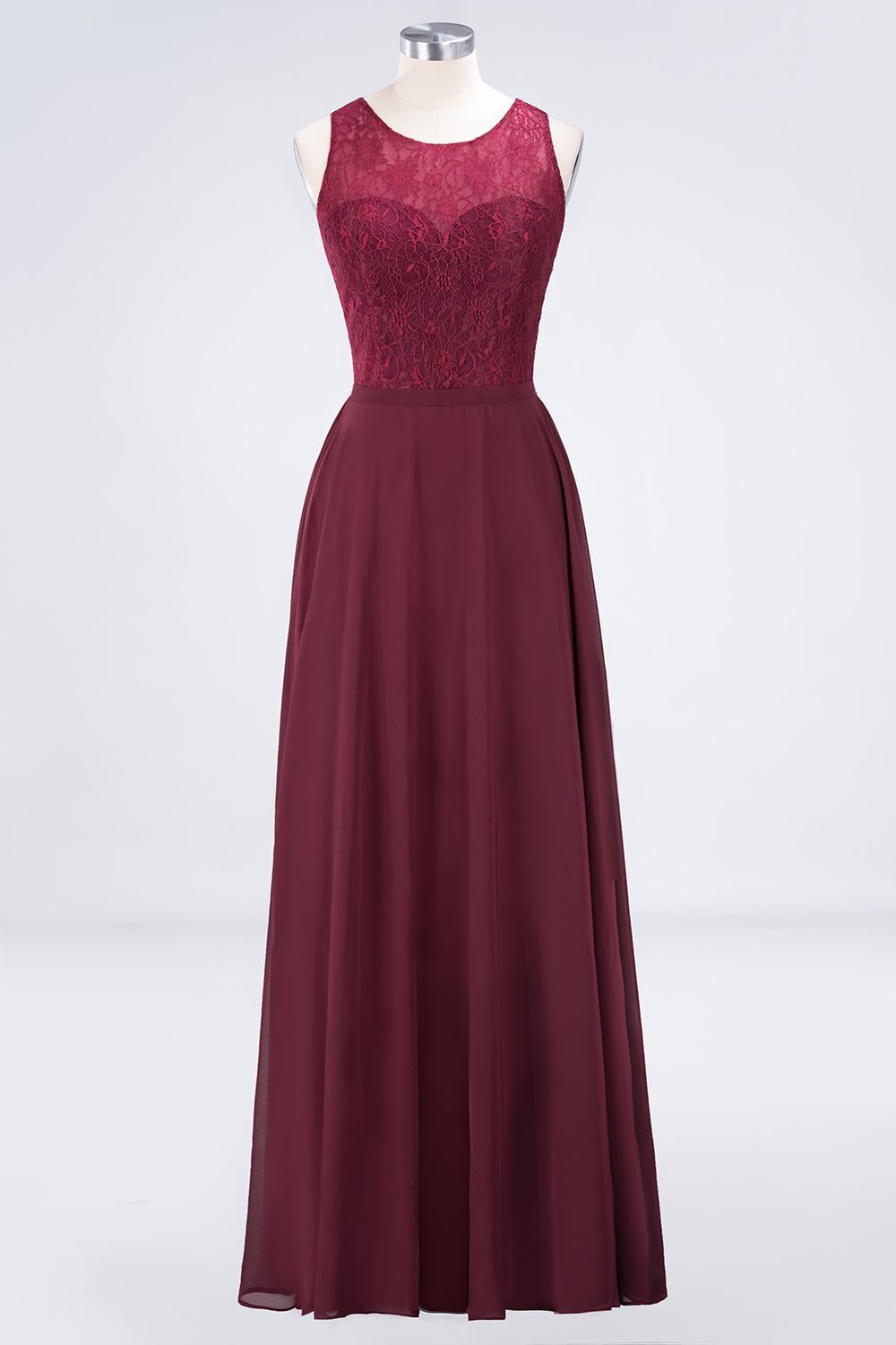 BMbridal Elegant Roud Neckline Sleeveless Burgundy Lace Bridesmaid Dress Online-BMbridal