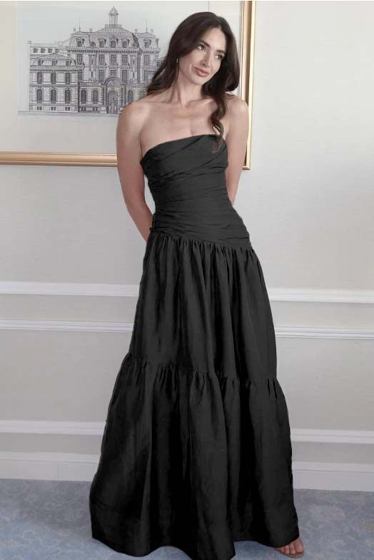 Strapless Sleeveless A Line Long Prom Dress With Pleated Pockets