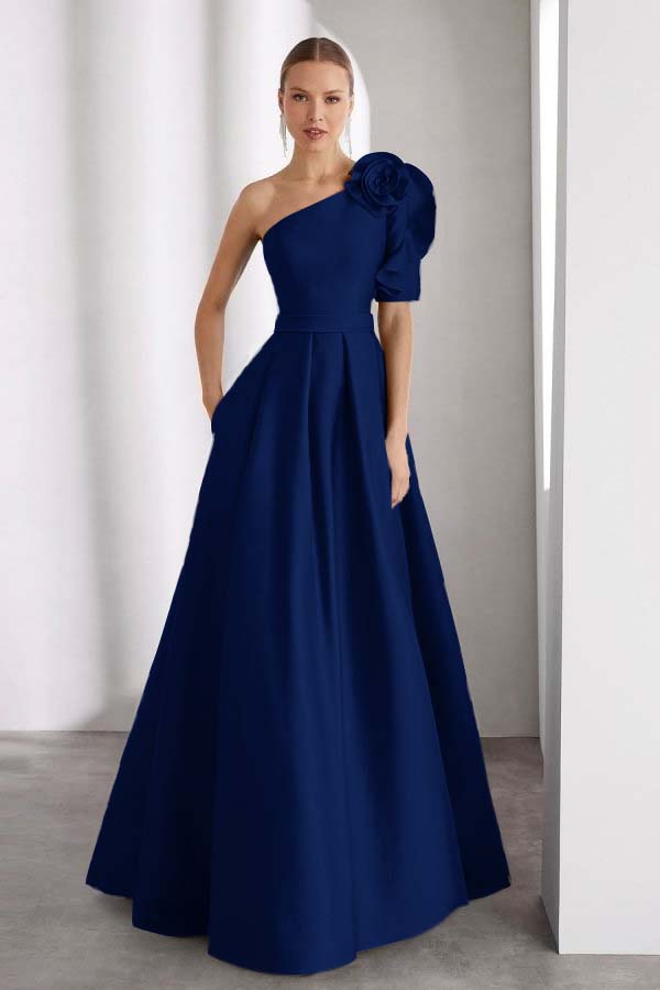 One Shoulder Sleeveless Long Prom Dress With Pleated Pockets