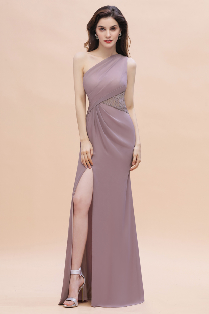 BMbridal Chic One-Shoulder Dusk Chiffon Lace Ruffle Bridesmaid Dress with Front Slit On Sale-BMbridal