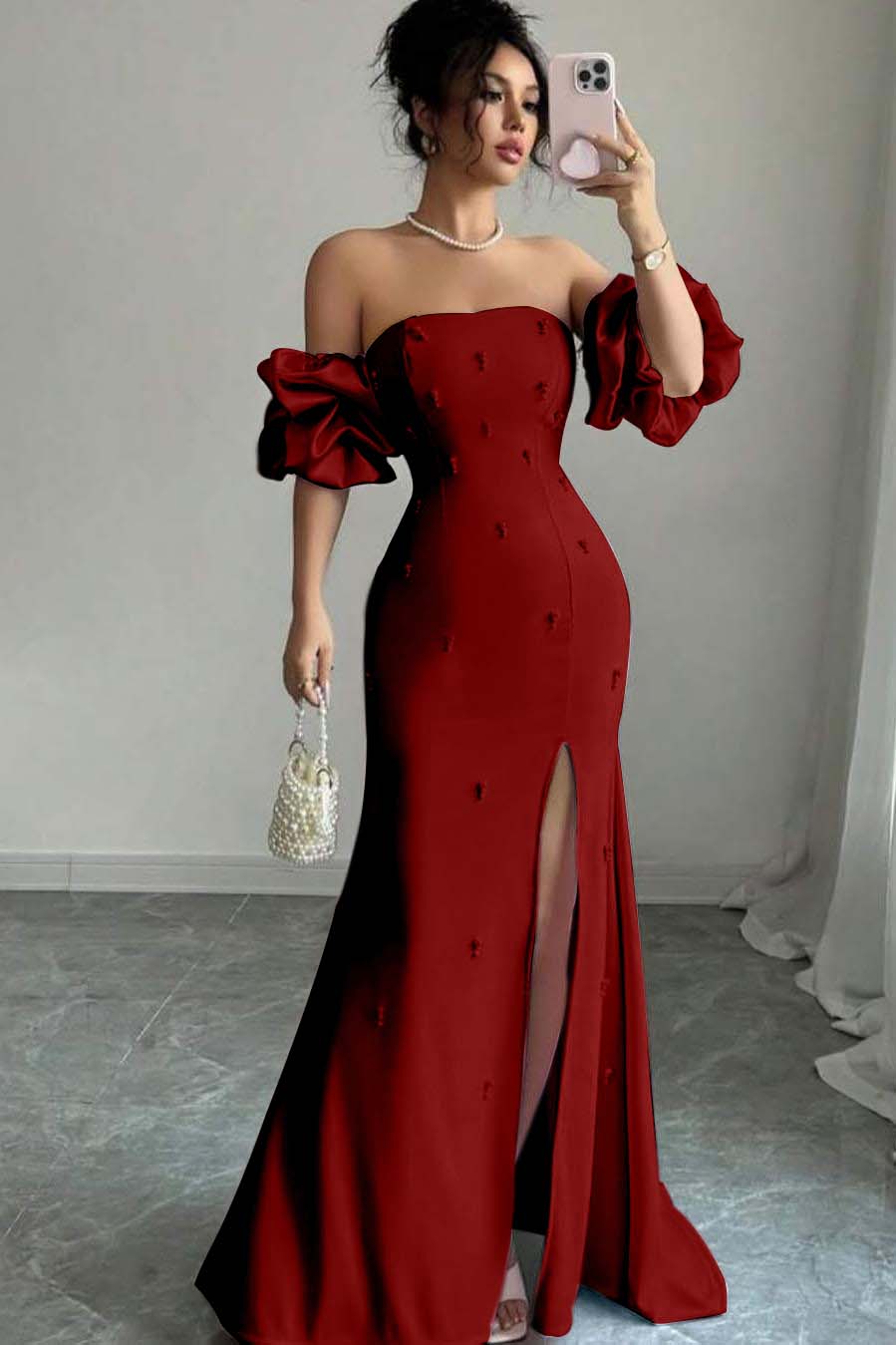 Strapless Bubble Sleeves Long Split Prom Dress With Beading