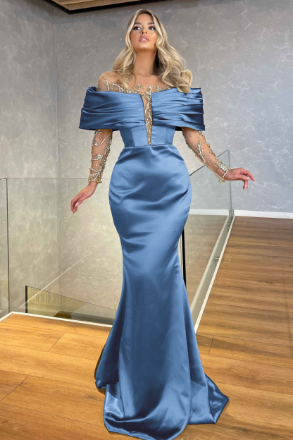 Green Prom Dress Off the Shoulder Long Sleeves Beading Embellished